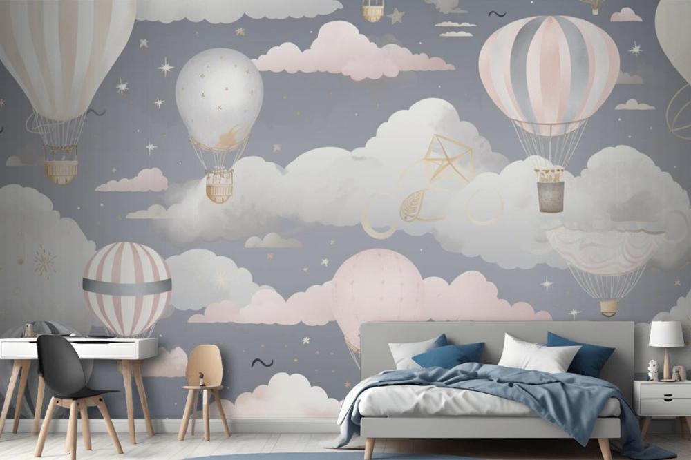 Hot Air Balloons Flying In The Sky With Clouds Wallpaper Mural