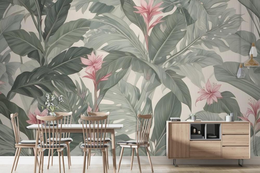Light Background Large Green Leaves Pink Flowers Tropical Foliage Pattern Wallpaper Mural