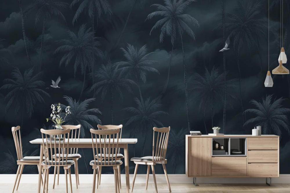 Moody Stormy Sky Dark Tropical Palm Trees Silhouettes Birds Wallpaper Mural