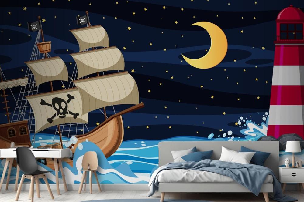 Ocean Scene At Night With Pirate Ship In Cartoon Style Wallpaper Mural