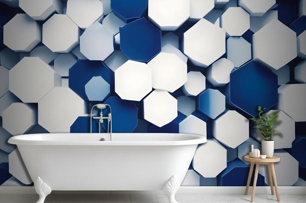 Overlapping Hexagon In Shades Of Blue And White Wallpaper Mural