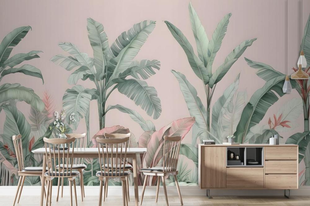 Pastel Pink & Green Vintage Tropical Wallpaper Mural