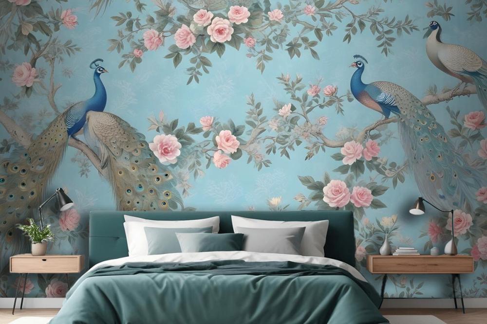 Peacock With Peony Blossom Wallpaper Mural