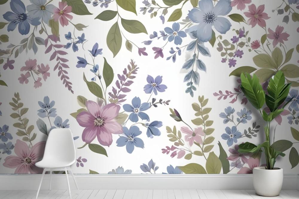 Purple And Blue Watercolor Flower Wallpaper Mural