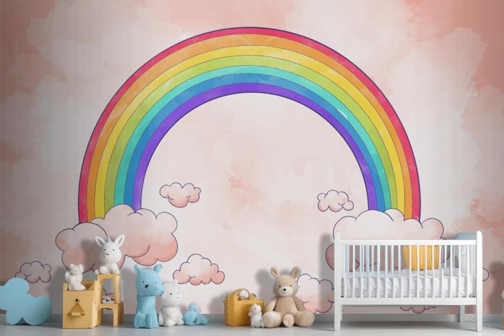 Rainbow With Clouds Watercolor Style Wallpaper Mural