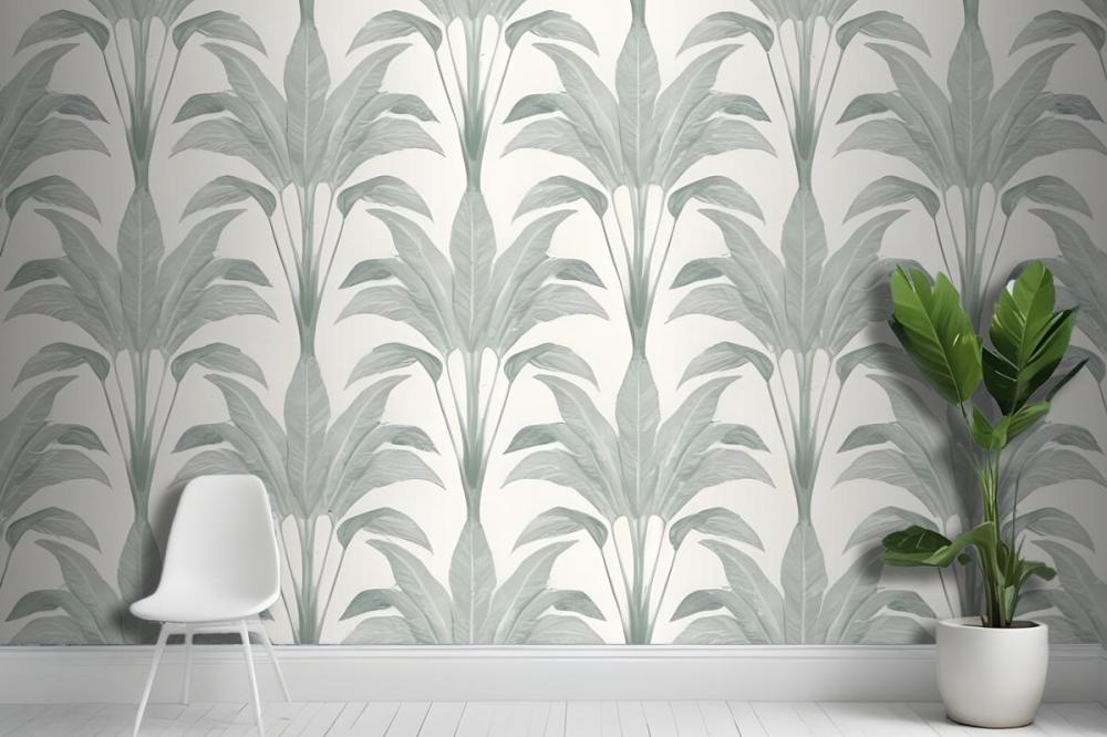 Repeating Pattern Of Large Green Palm Leaves Or Fronds Against A Light Gray Wallpaper Mural
