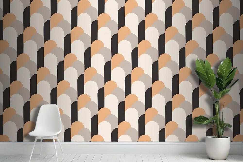 Seamless Geometric Pattern With Overlapping Semicircular Shapes In Shades Of Orange Gray And Black Wallpaper Mural