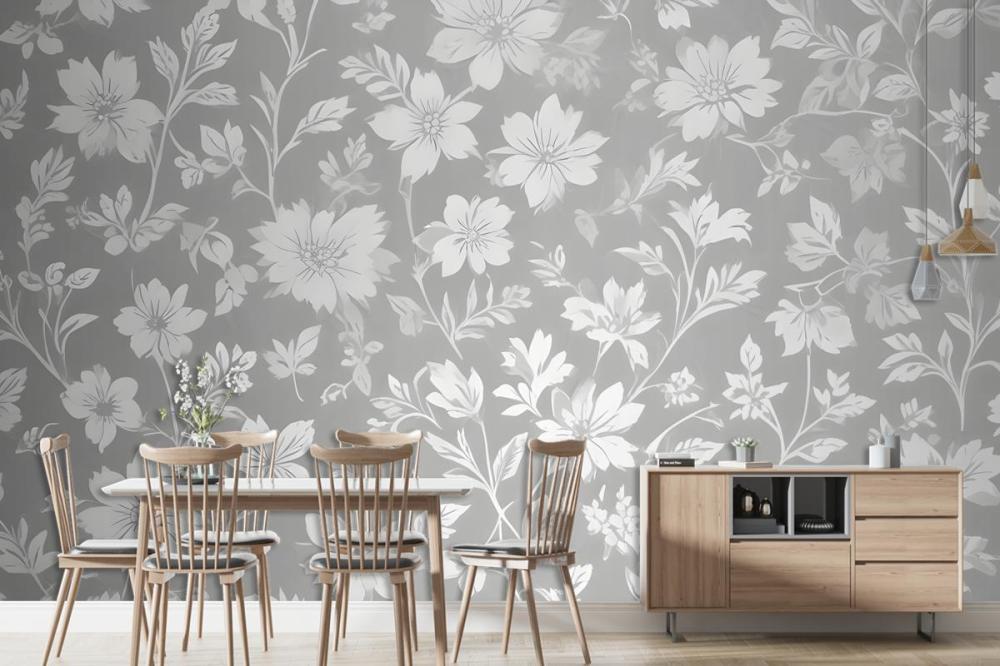Seamless Pattern Of White Floral Silhouettes On A Light Gray Wallpaper Mural
