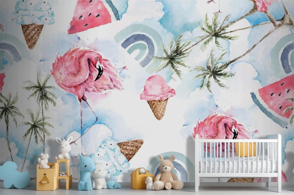 Seamless Pattern Palm Tree And Flamingo Wallpaper Mural