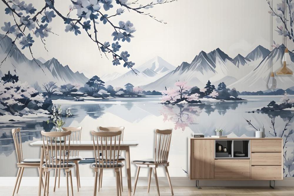 Serene Landscape With Snowcapped Mountains Reflected In A Calm Lake Wallpaper Mural