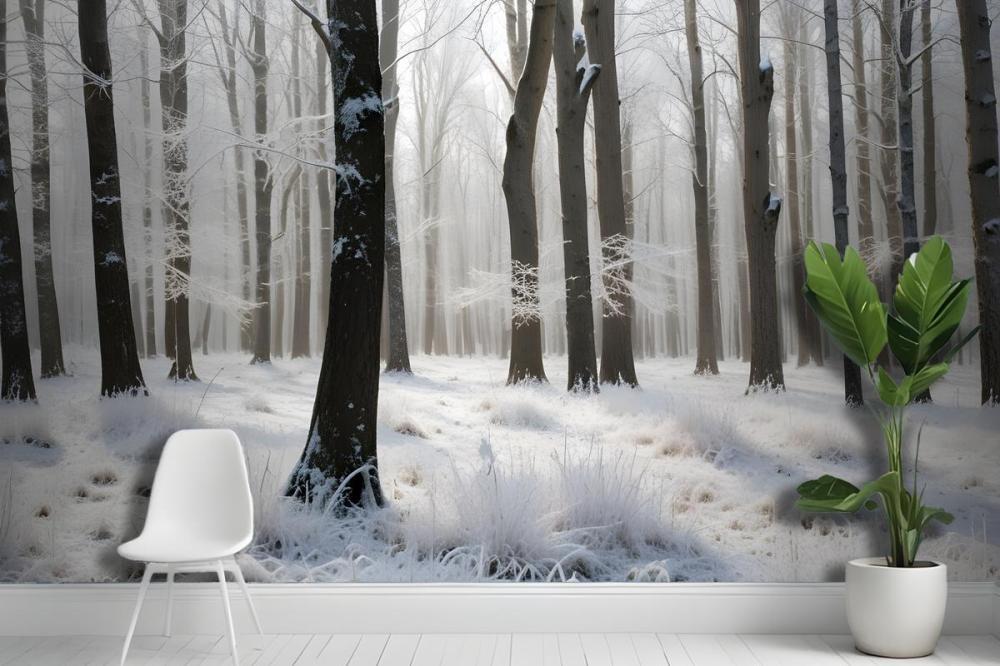 Snowy Forest With Tall Bare Trees And A Layer Of Frost Covering The Ground Wallpaper Mural