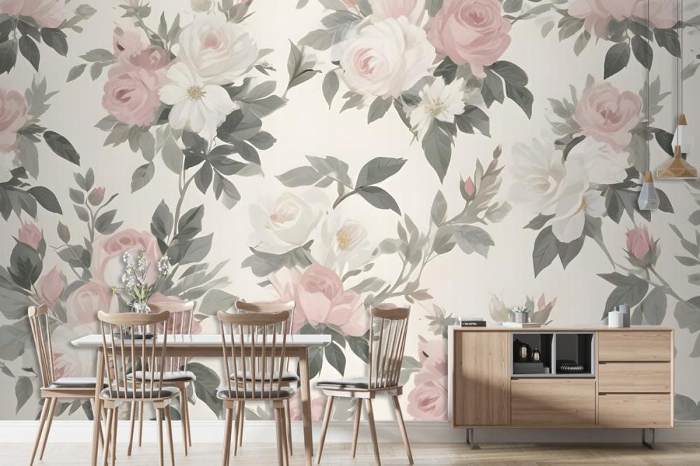 Soft Muted Floral Pattern Large Pink White Flowers Rose Green Leaves Wallpaper Mural