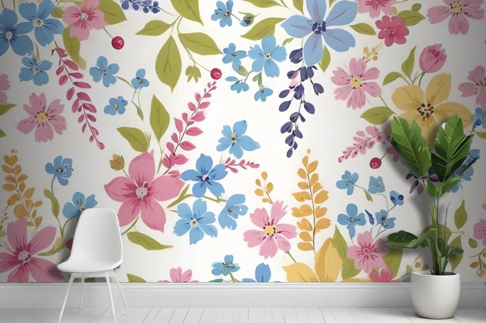 Various Flowers In Shades Of Pink Blue Yellow And Green Wallpaper Mural
