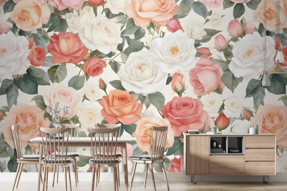 Vibrant Floral Pattern Featuring Various Types Of Pink, White, And Peach Roses Wallpaper Mural
