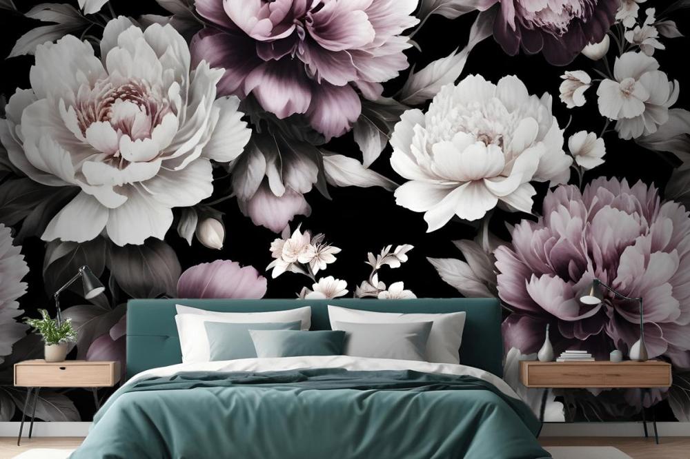 Vintage Dark Large Peony Flower  Bedroom Wallpaper Mural