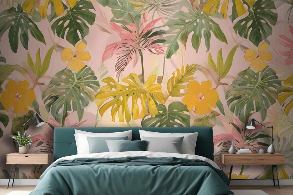 Watercolor Colorful Summer Tropical Leaf Wallpaper Mural