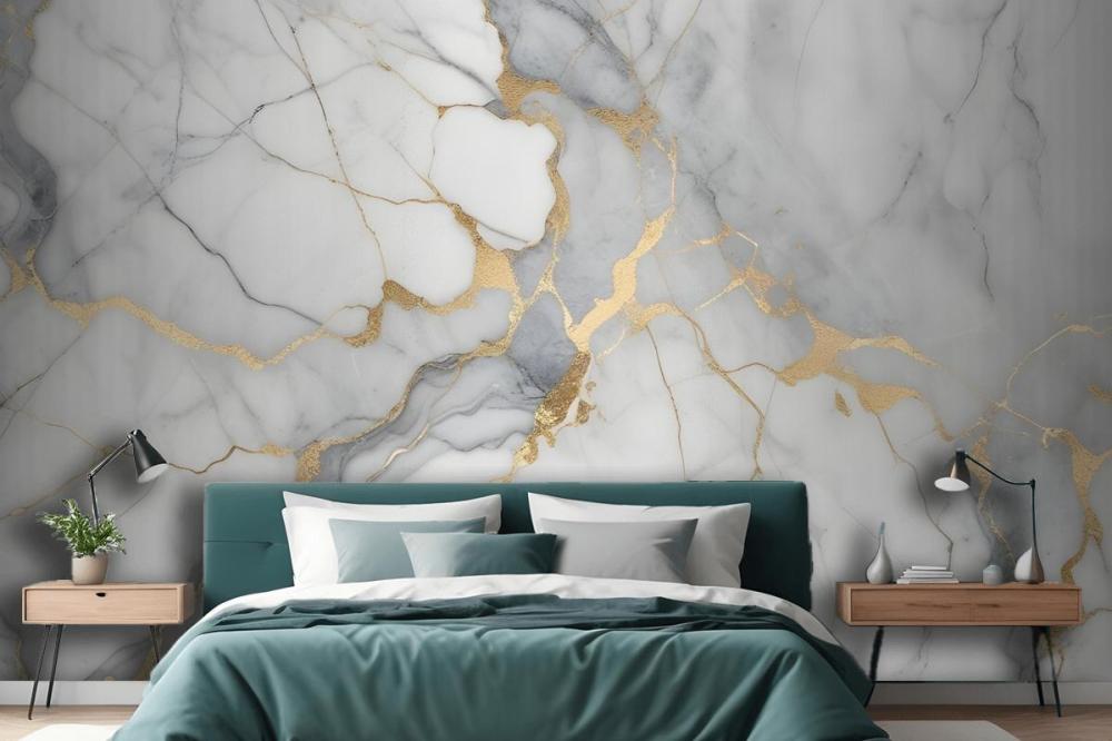White And Gray Marble Texture With Golden Veins Wallpaper Mural