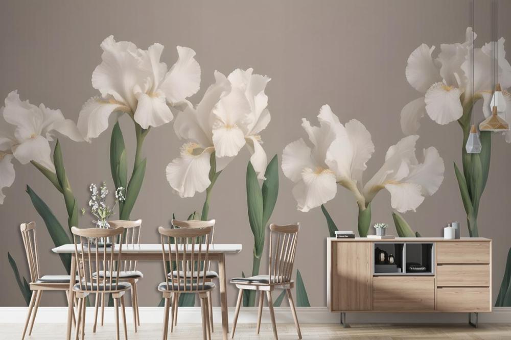 White Iris Flowers With Green Stems Against A Neutral Wallpaper Mural