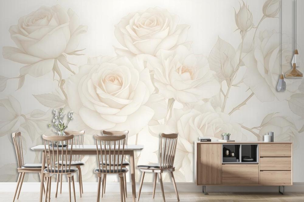 Yellow Large Illustrated Roses Wallpaper Mural