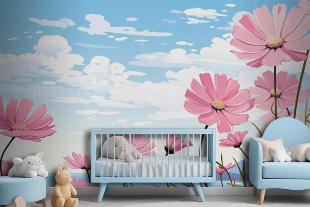 A Painting Of Pink Flowers In The Sky With The Words Daisies Wallpaper Mural