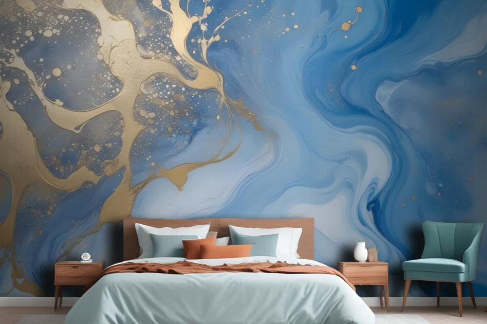 Abstract Blue And Gold Fluid Art Painting Bedroom Wallpaper Mural