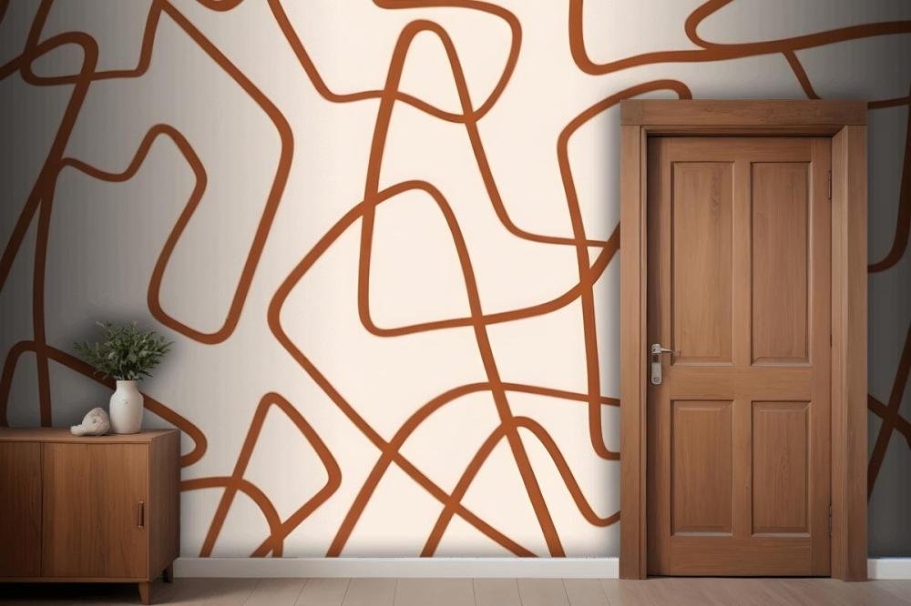 Abstract Pattern Of Organic, Curving Lines In A Warm Brown Color On A Light Wallpaper Mural