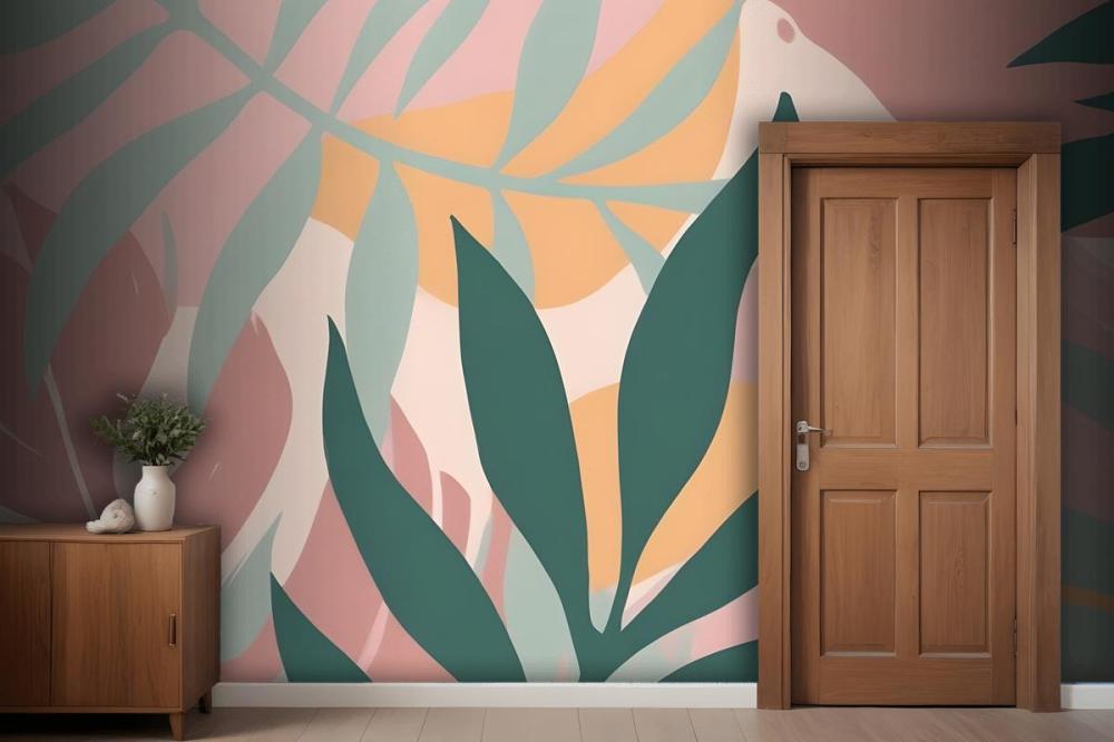 Abstract Tropical Leaves And Shapes In Pastel Colors On A Pink Wallpaper Mural