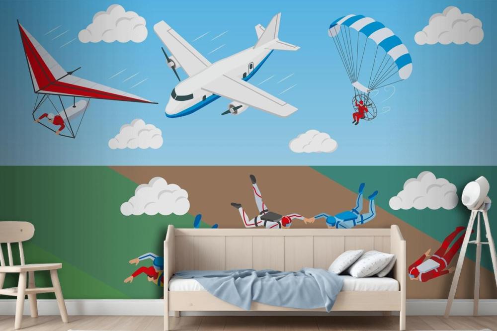 Airplane Hang Glider And Group Of People Skydiving In Sky Wallpaper Mural