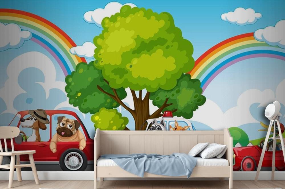 Animals Driving Different Cars Wallpaper Mural
