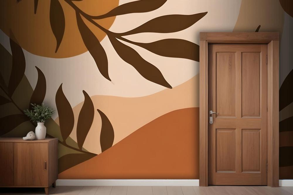 Autumn Leaves In Warm Colors Against A Beige Wallpaper Mural
