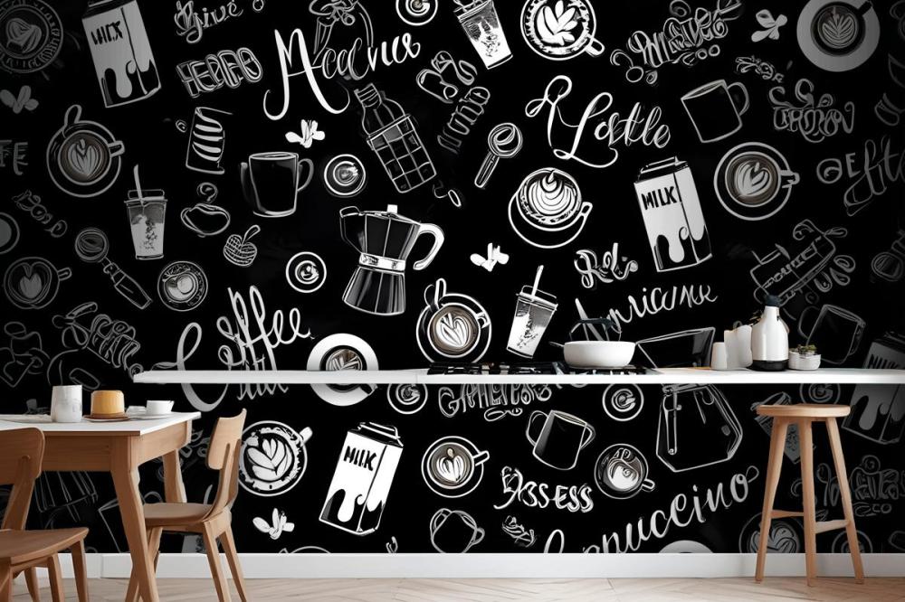 Black & White Coffee Cup Pattern Wallpaper Mural