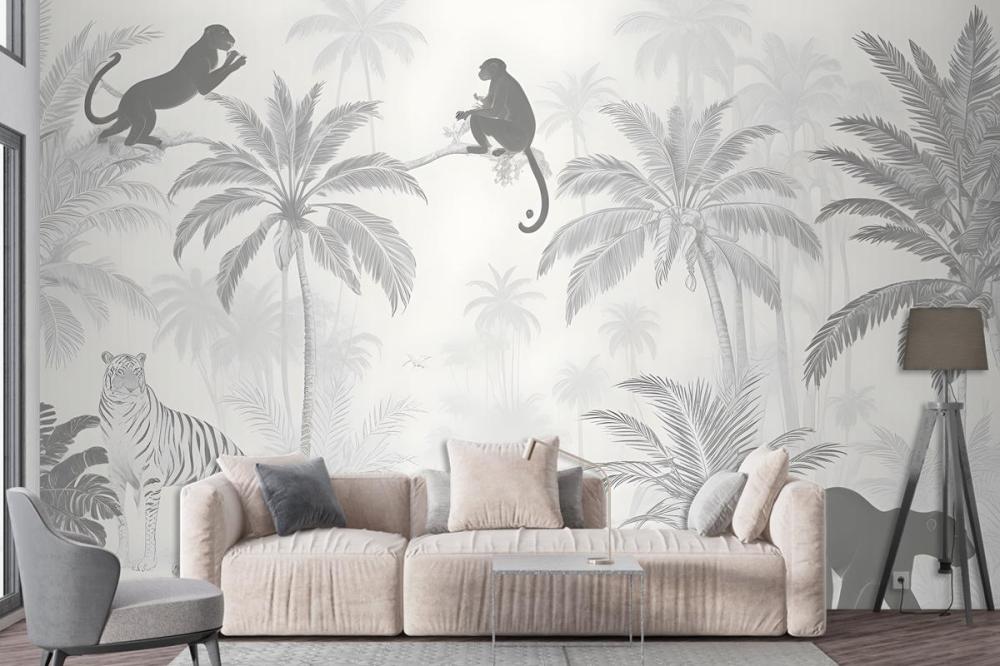 Black And White Jungle Palm Trees Flowers Animal Silhouettes Wallpaper Mural