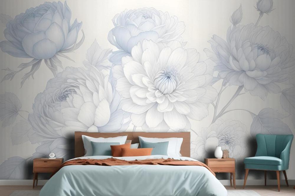 Blue Large Illustrated Roses Wallpaper Mural