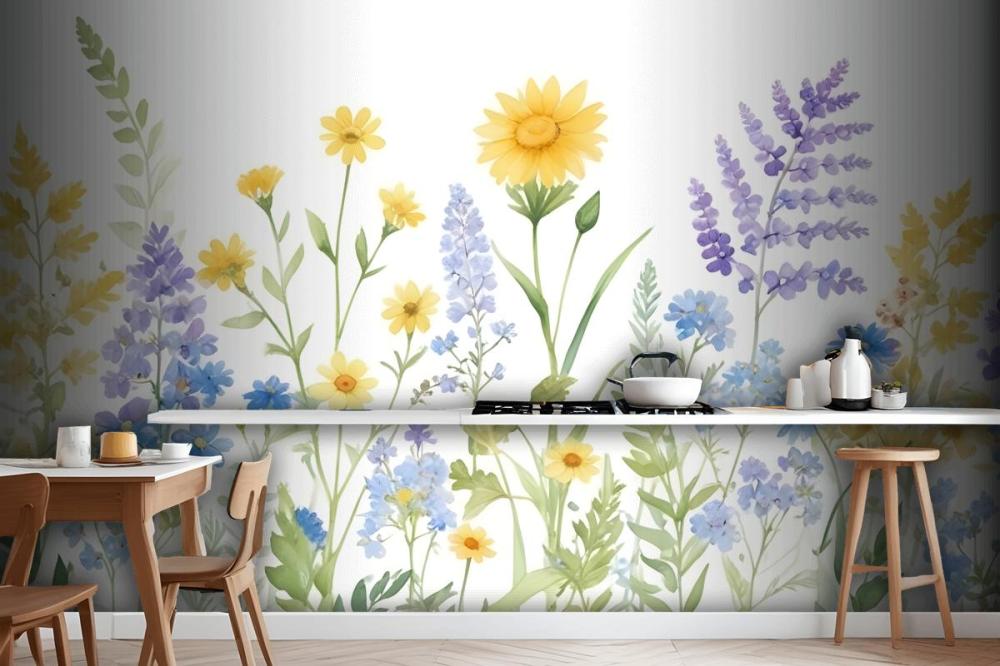 Bright Lilac & Green Watercolor Wildflower Wallpaper Mural