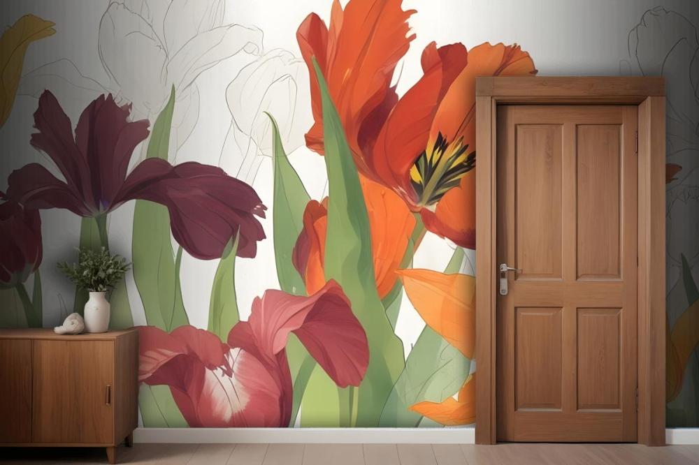 Closeup Orange And Red Tulips With Green Leaves Against A Light Wallpaper Mural