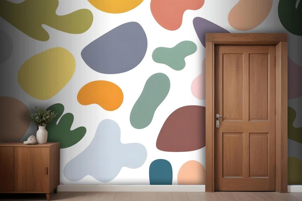 Colorful Abstract Shapes In Various Pastel Tones Including Circles Arranged In A Random Pattern On A White Wallpaper Mural