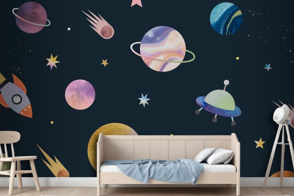 Colorful Galaxy Watercolor Doodle On Black Wallpaper Mural
