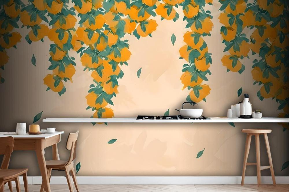 Cream & Orange Fruit Painterly Wallpaper Mural