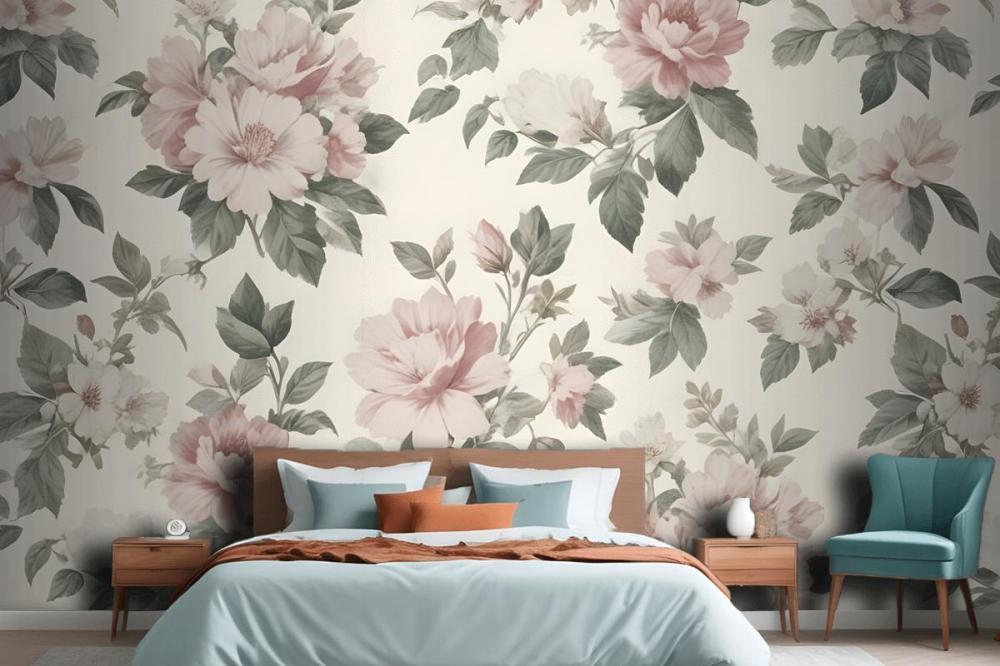 Cream & Pink Rose Vintage Floral Wallpaper Mural