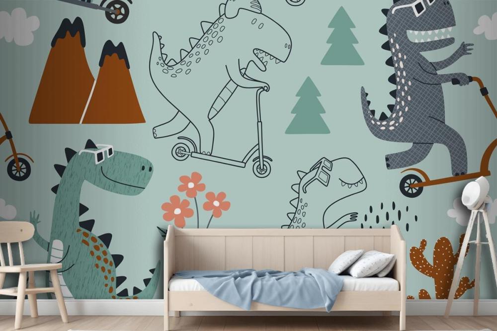 Cute Dinosaur Rides A Scooter Wallpaper Mural
