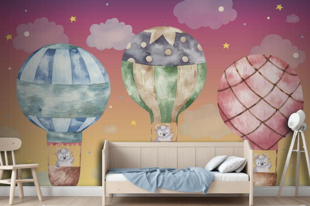 Cute Ram Flying On Colored Balloons Wallpaper Mural