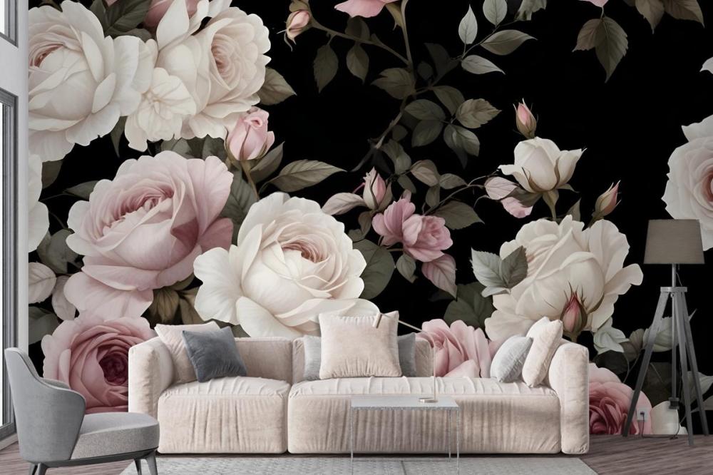 Dark Background Large Pink White Roses Green Leaves Wallpaper Mural