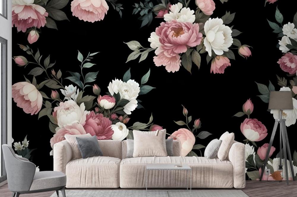 Dark Background Large Pink White Roses Peonies Other Flowers Wallpaper Mural