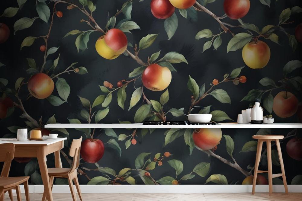 Dark Green And Navy Vintage Botanical Fruit Repeat Pattern Wallpaper