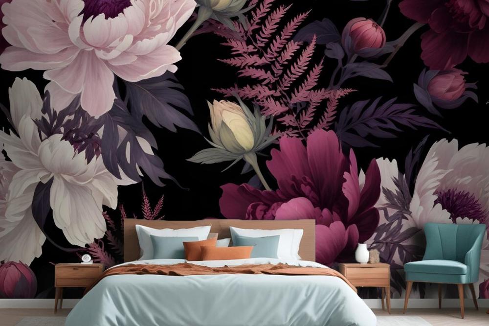 Dark Watercolor Colorful Peony Floral Wallpaper Mural