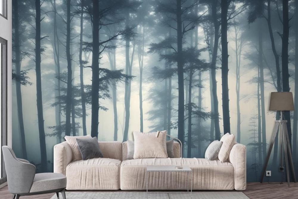 Dense Misty Forest With Tall Slender Trees And A Foggy Atmosphere Wallpaper Mural