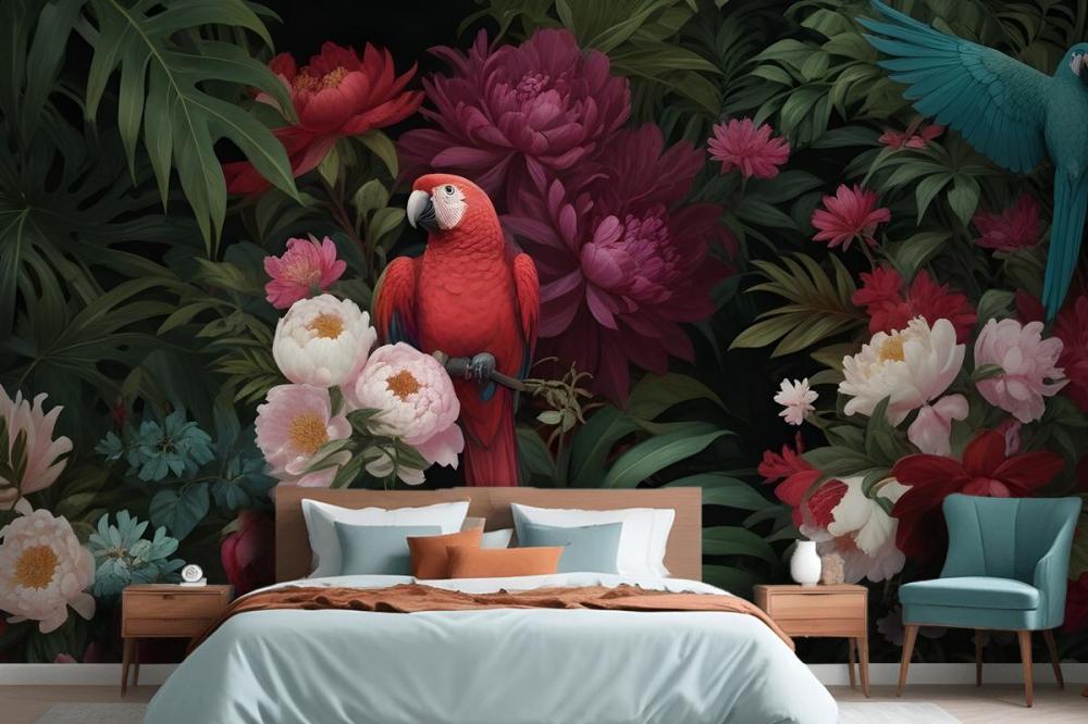 Digital Painting A Vibrant Tropical Floral Arrange Wallpaper Mural