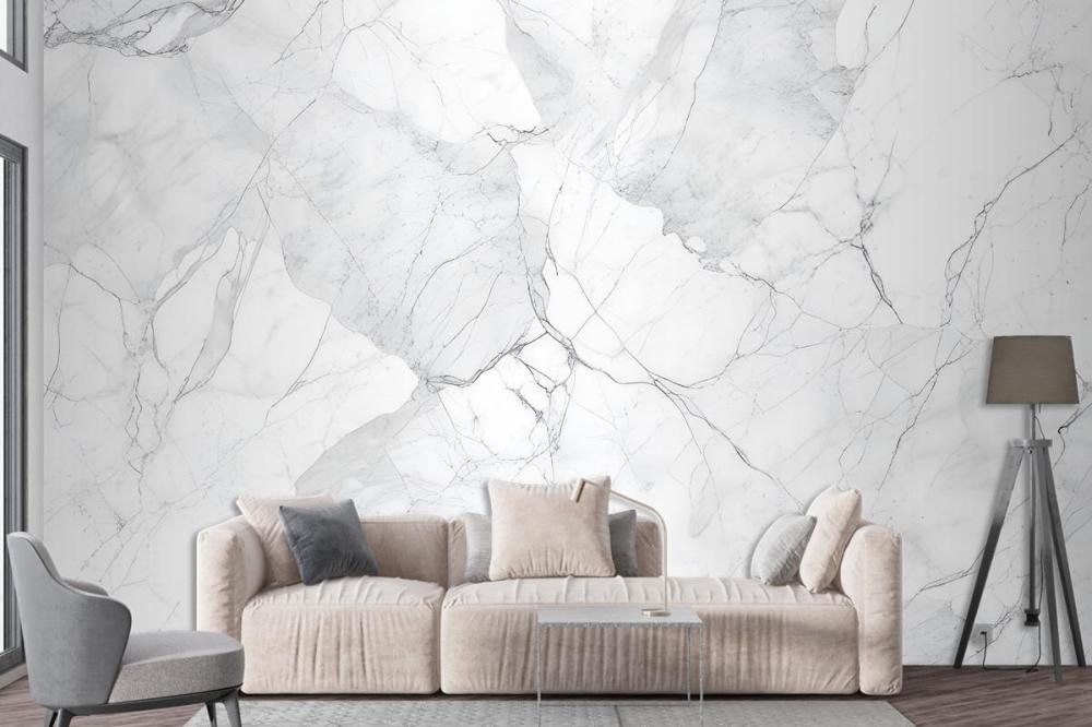 Elegant White Marble Texture With Intricate Gray Veining Wallpaper Mural