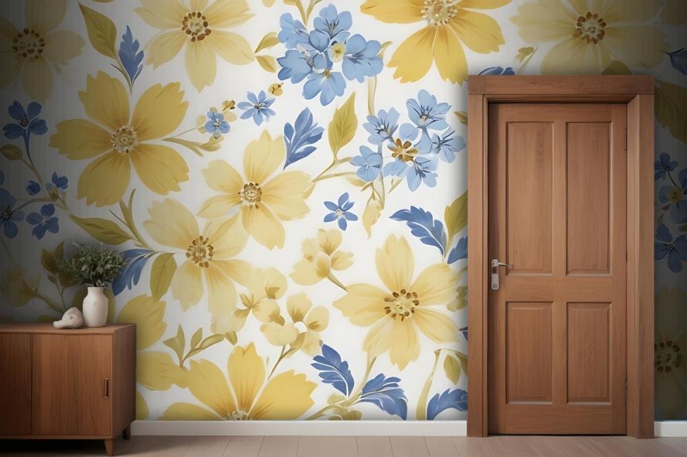 Floral Pattern With Large Yellow Flowers And Smaller Blue Flowers On A White Wallpaper Mural