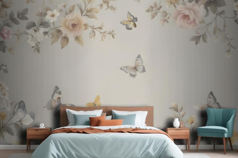 Floral Wallpaper Pattern With Delicate Butterflies Mural